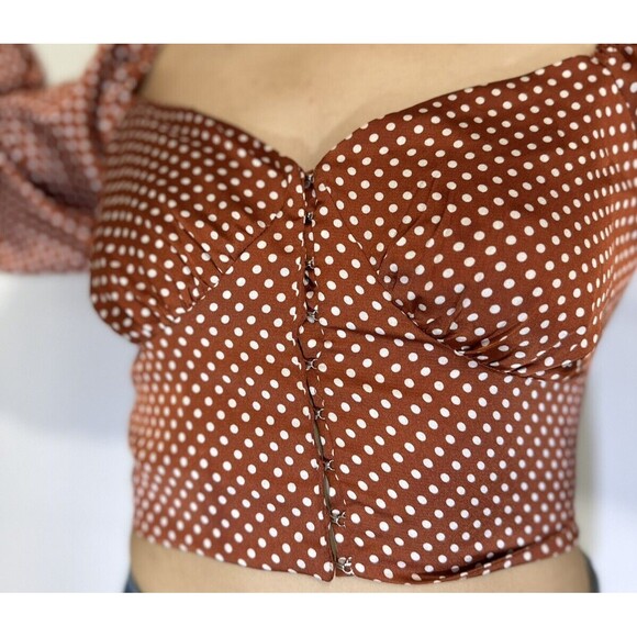Rust Polka Dot Cropped Blouse Women Size Small Long Sleeve V-Neck Code X Mode - Picture 6 of 13